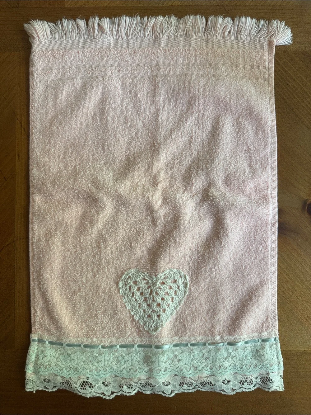 vintage soft pink wash cloths  white crochet heart appliqués and lace trim